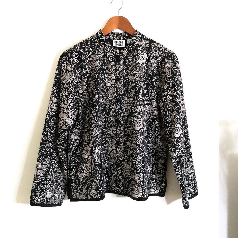 Like New Chico's Design Silk Cotton Embroidered Oriental Style Jacket Size L